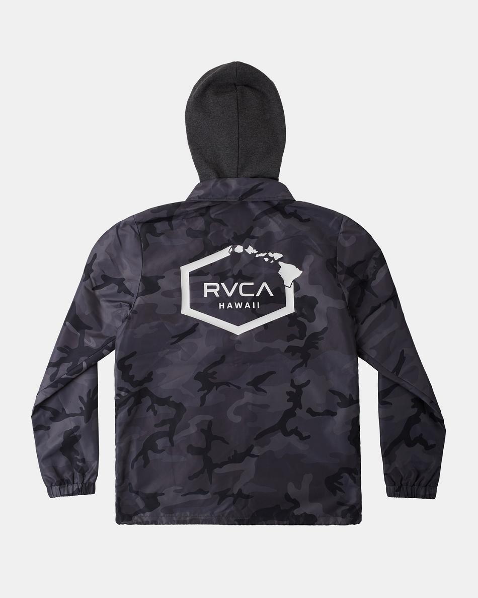 Black Camo Rvca Island Hex Hooded Coaches Men's Jackets | USZPD26290