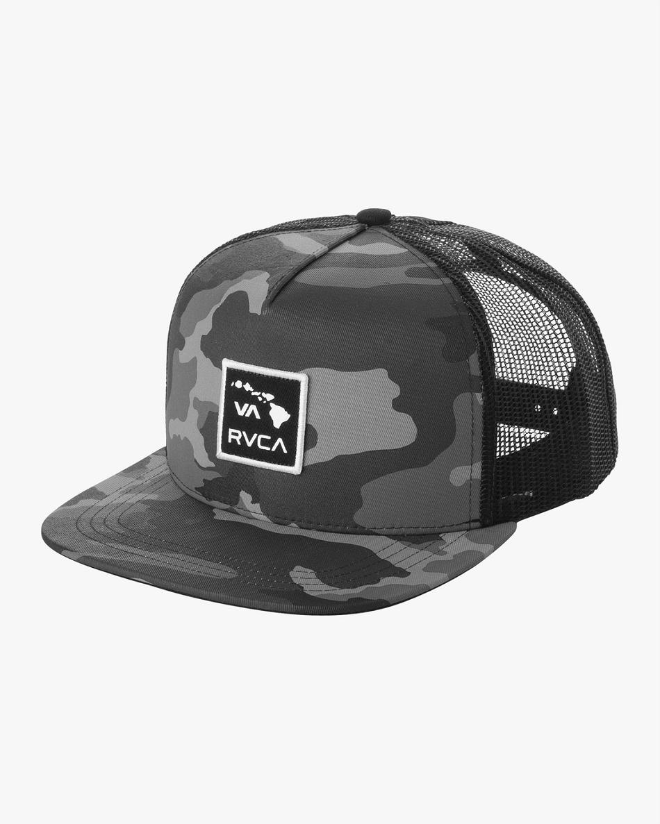 Black Camo Rvca Islands Patch Trucker Men\'s Hats | USEGJ50639
