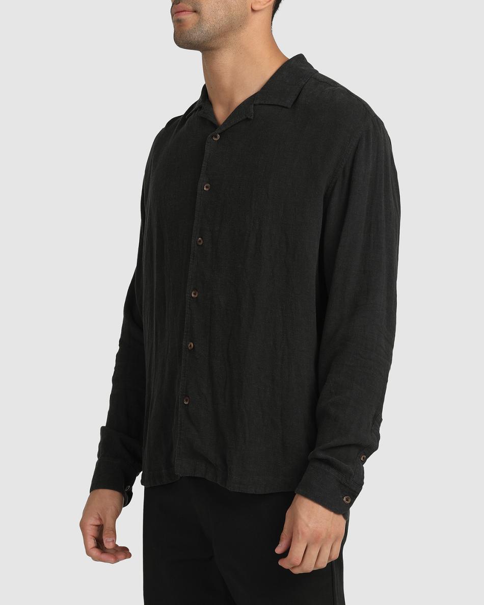 Black Rvca Beat Long Sleeve Button-Down Men's T shirt | USXBR22962