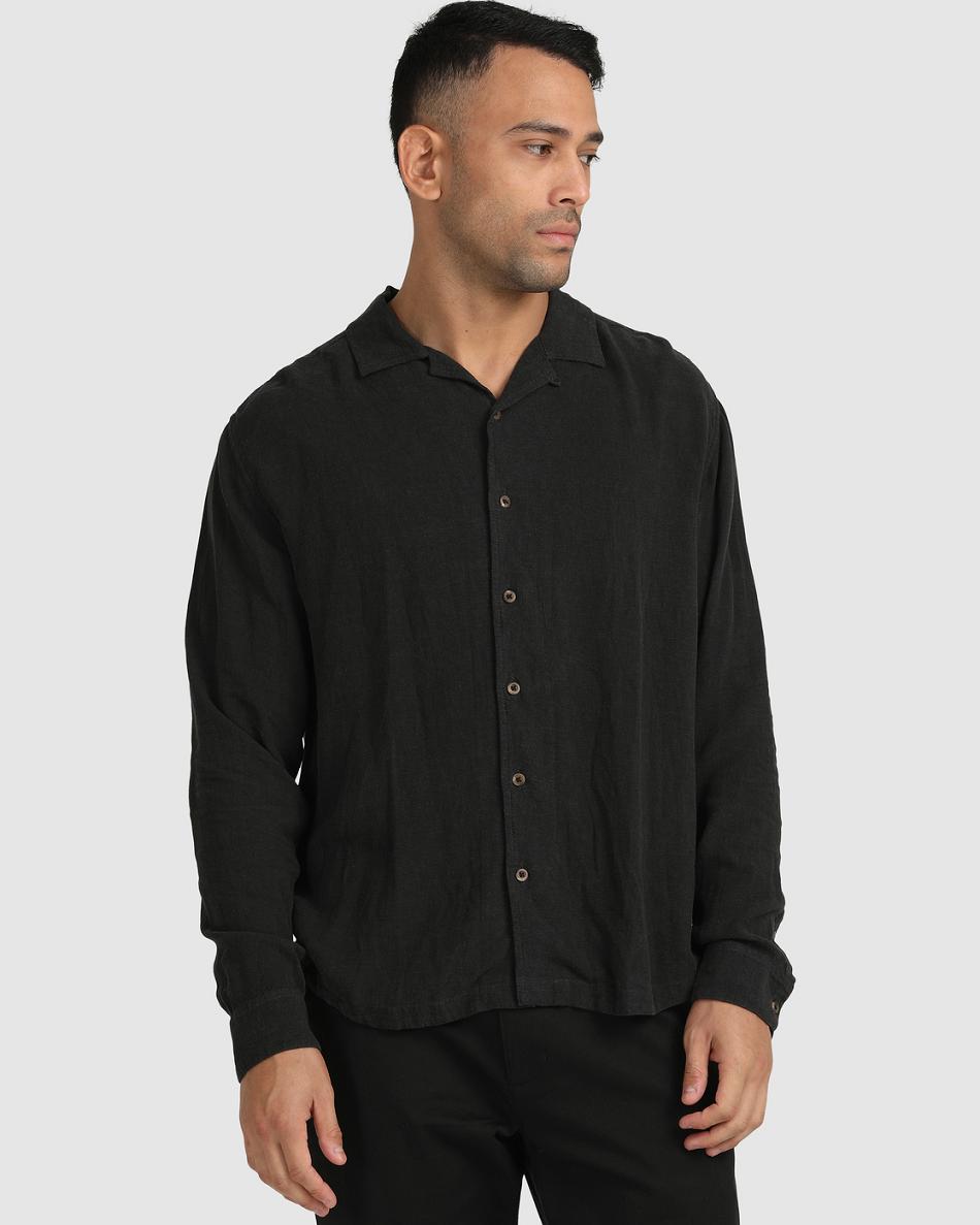 Black Rvca Beat Long Sleeve Button-Down Men\'s T shirt | USXBR22962