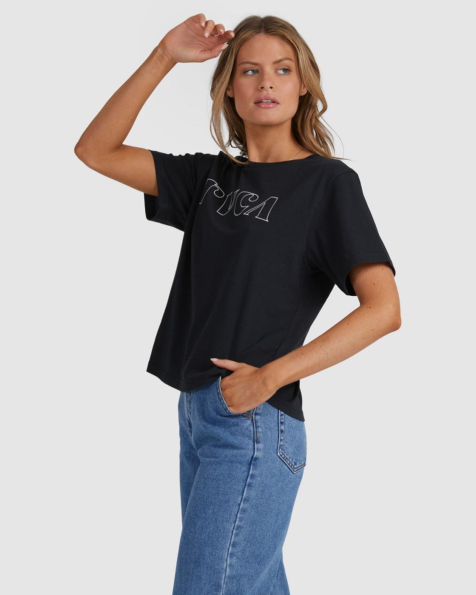 Black Rvca Curl Keyline Graphic Women's T shirt | UUSND24538