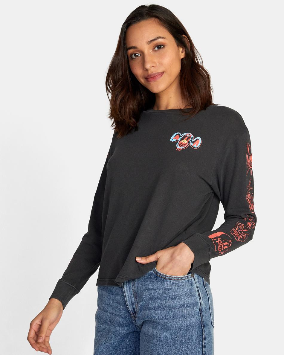 Black Rvca Dmote Gang Long Sleeve Women's T shirt | USXMI72261