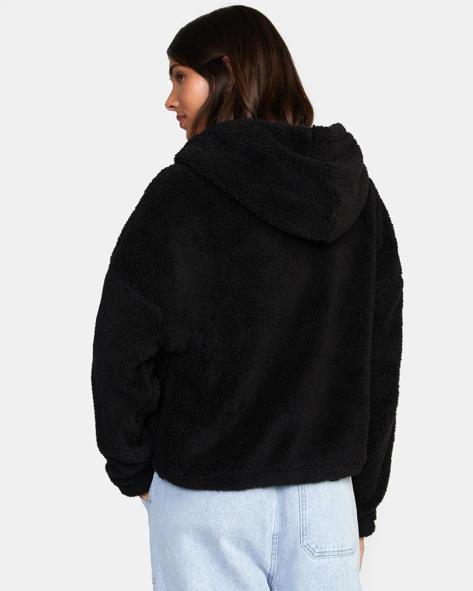 Black Rvca Fuzzy Zip-Up Fleece Hoodie Women's Loungewear | DUSVO49132