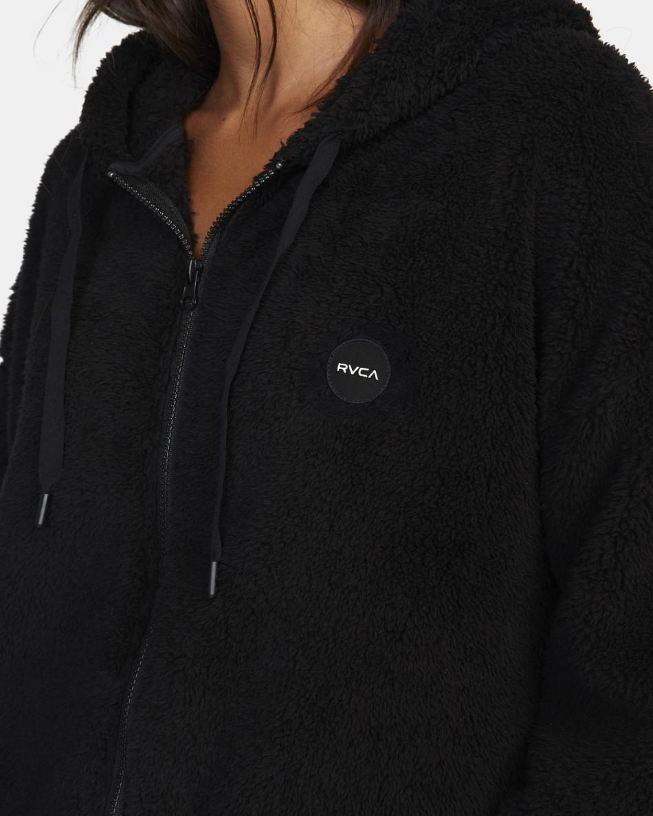 Black Rvca Fuzzy Zip-Up Fleece Hoodie Women's Loungewear | DUSVO49132