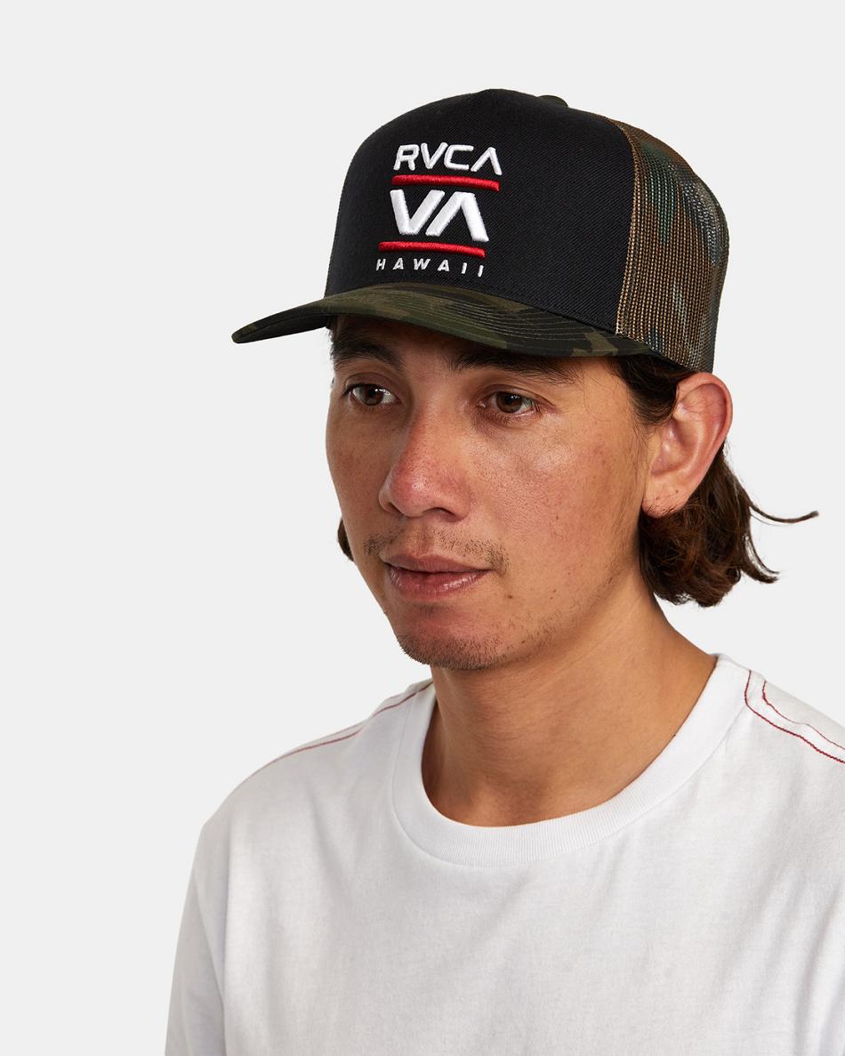 Black Rvca Hawaii Stacked Trucker Men's Hats | PUSER28961