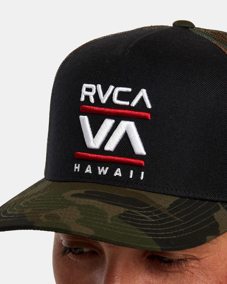 Black Rvca Hawaii Stacked Trucker Men's Hats | PUSER28961