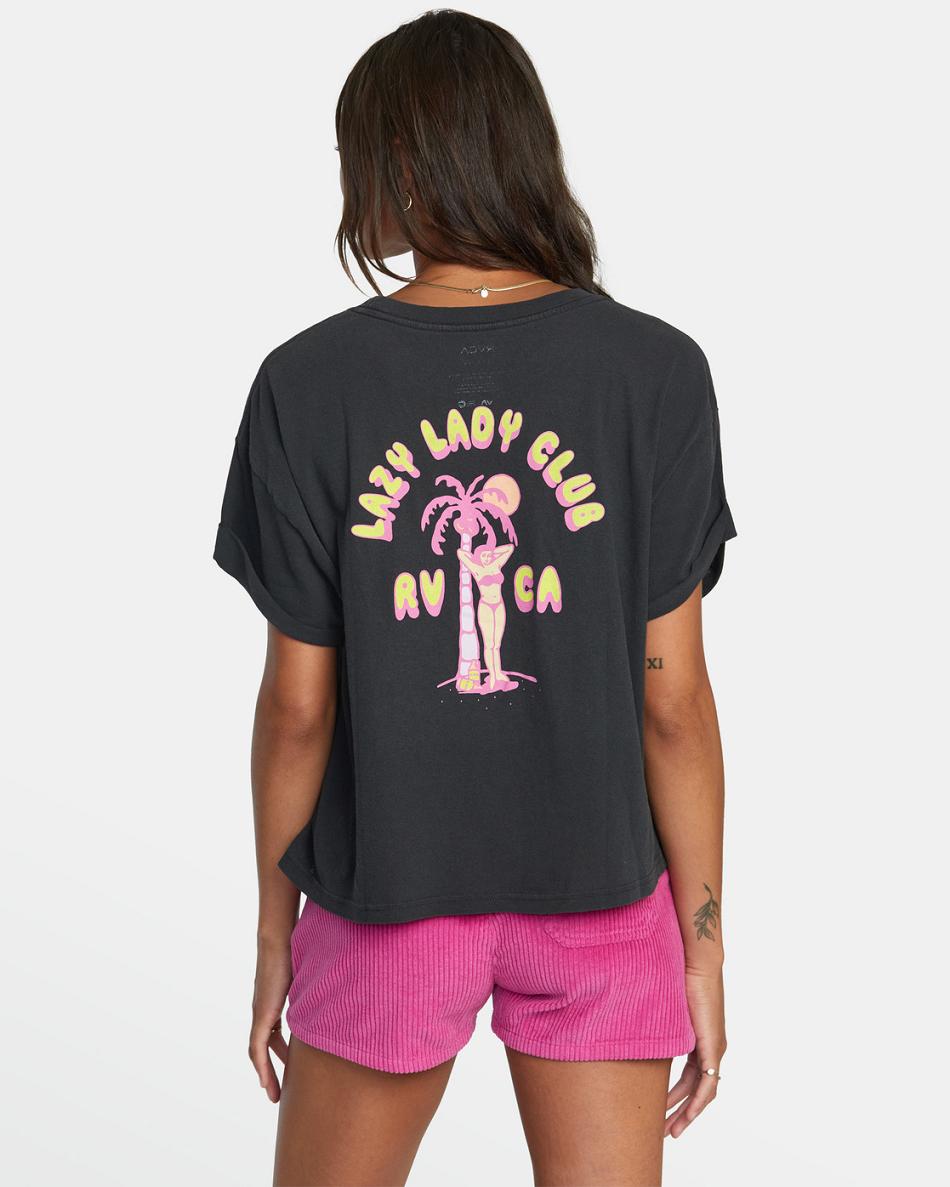 Black Rvca Lazy Club Graphic Women's T shirt | FUSHY54265