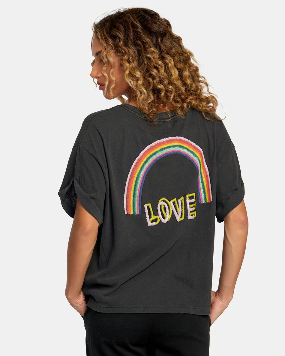 Black Rvca Oblow Rainbows Roll It Graphic Women's T shirt | USQCS11886