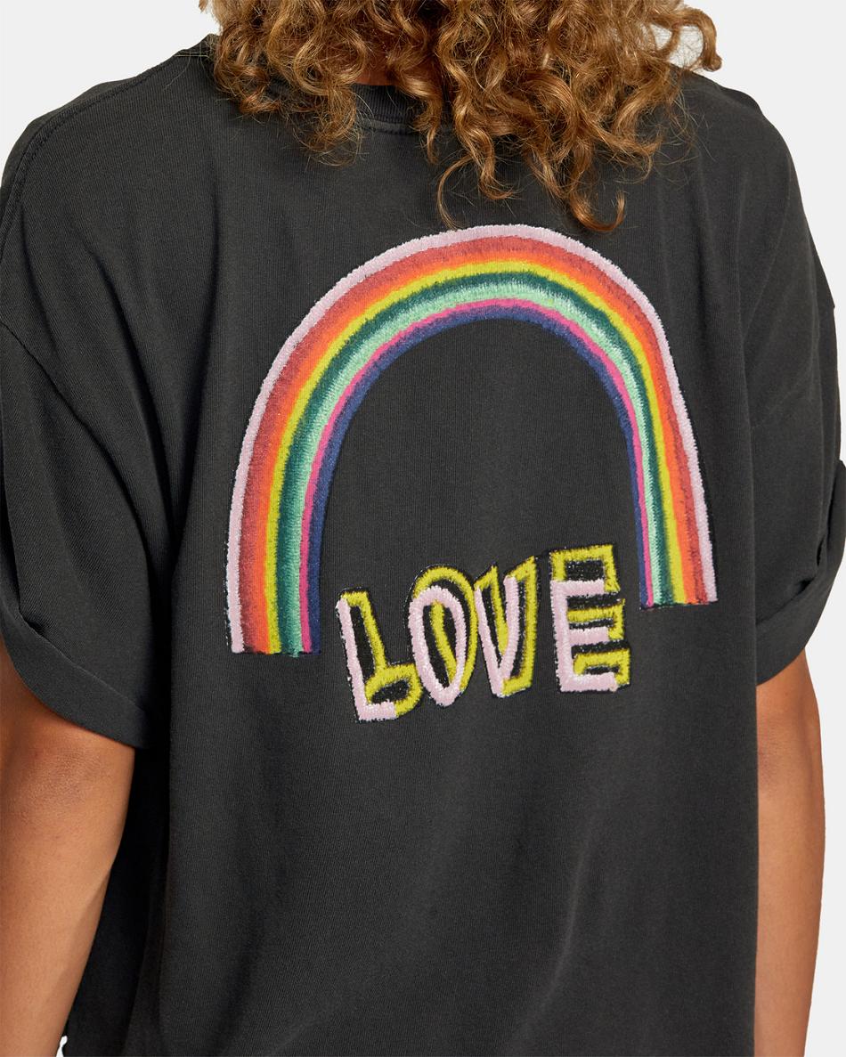Black Rvca Oblow Rainbows Roll It Graphic Women's T shirt | USQCS11886