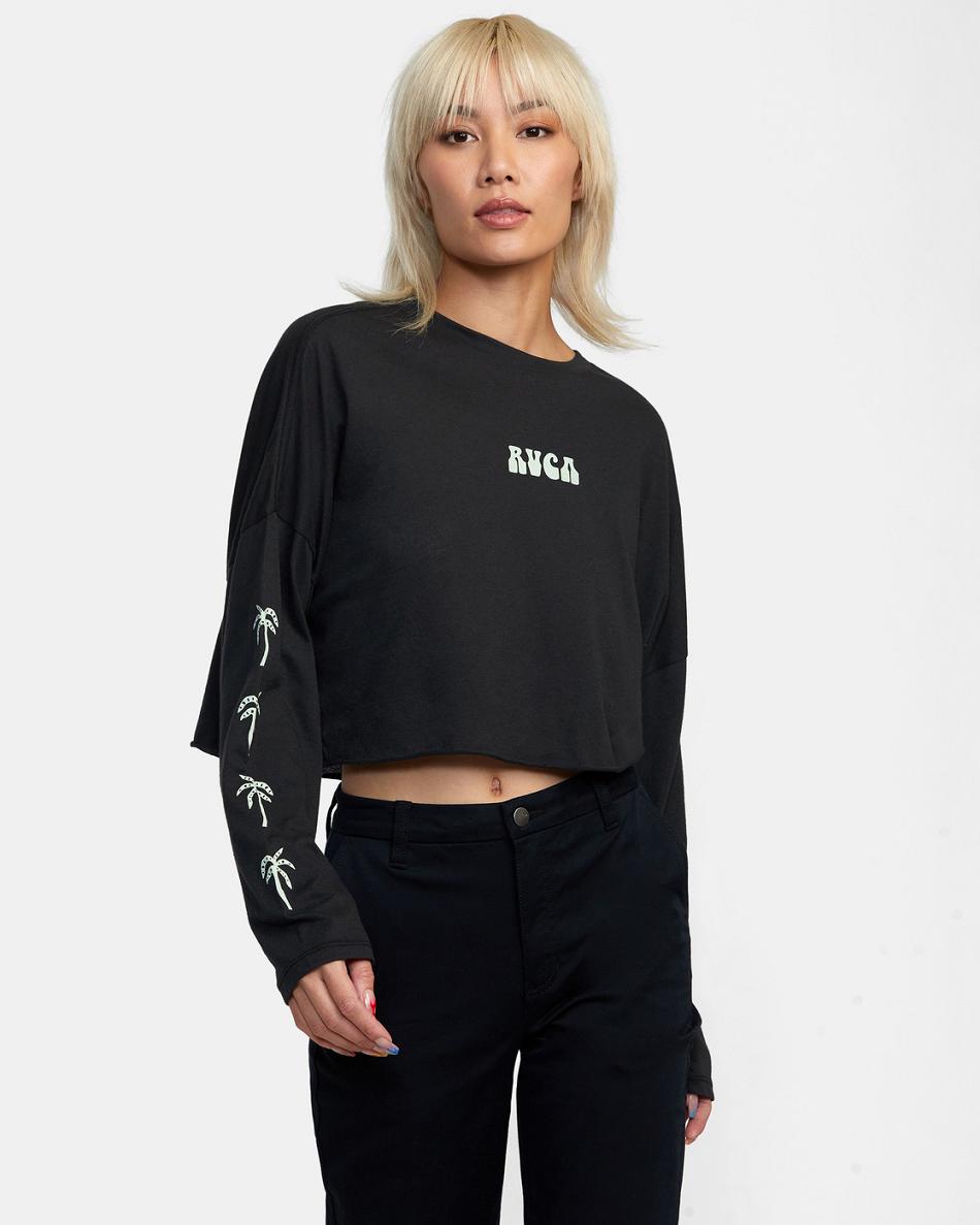 Black Rvca Palms Long Sleeve Women\'s T shirt | PUSER68659