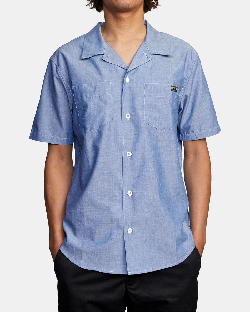 Blue Chambray Rvca Recession Collection Day Shift Short Sleeve Men's T shirt | GUSUC66296