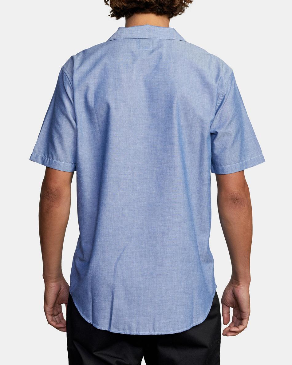 Blue Chambray Rvca Recession Collection Day Shift Short Sleeve Men's T shirt | GUSUC66296
