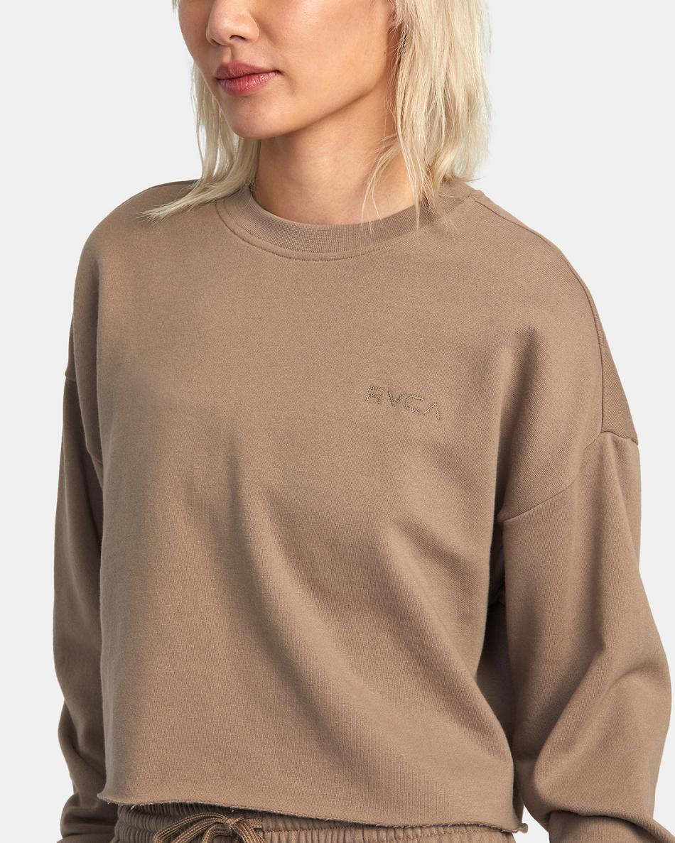 Dark Khaki Rvca Test Drive Cropped Sweatshirt Women's Loungewear | PUSER99294