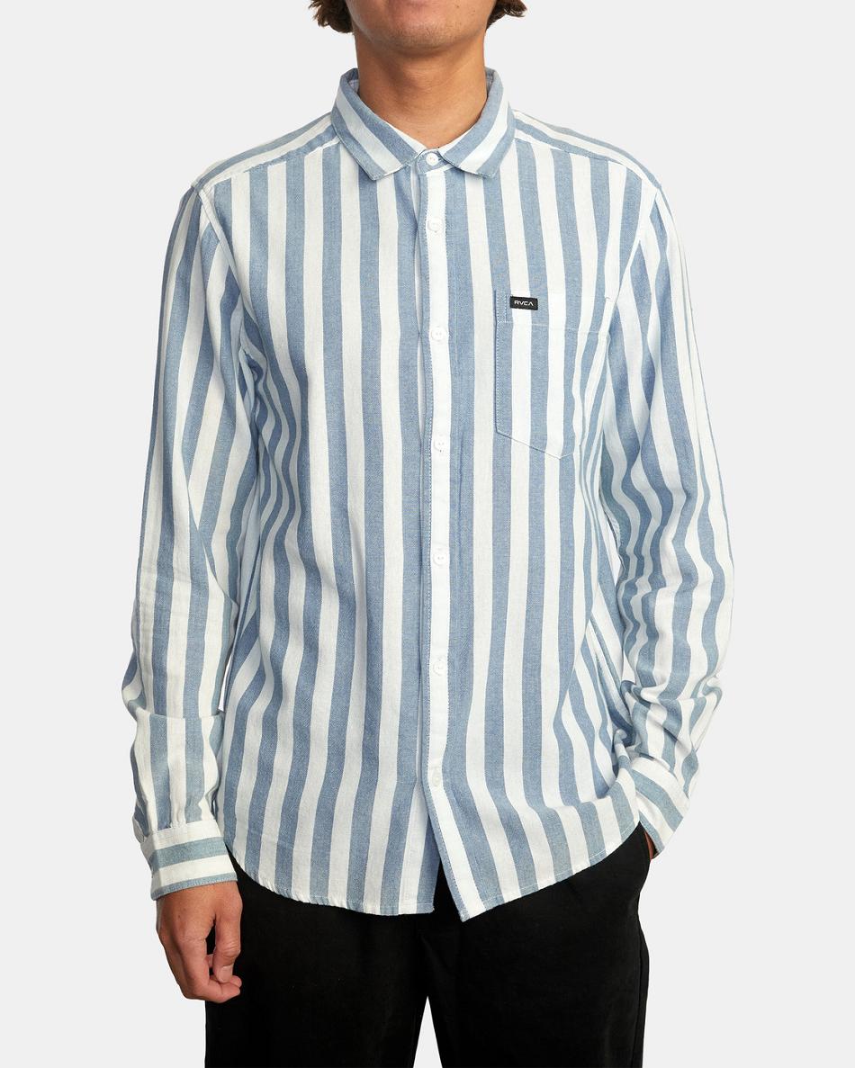 Denim Stripe Rvca Harbour Long Sleeve Men's T shirt | USJBT84195