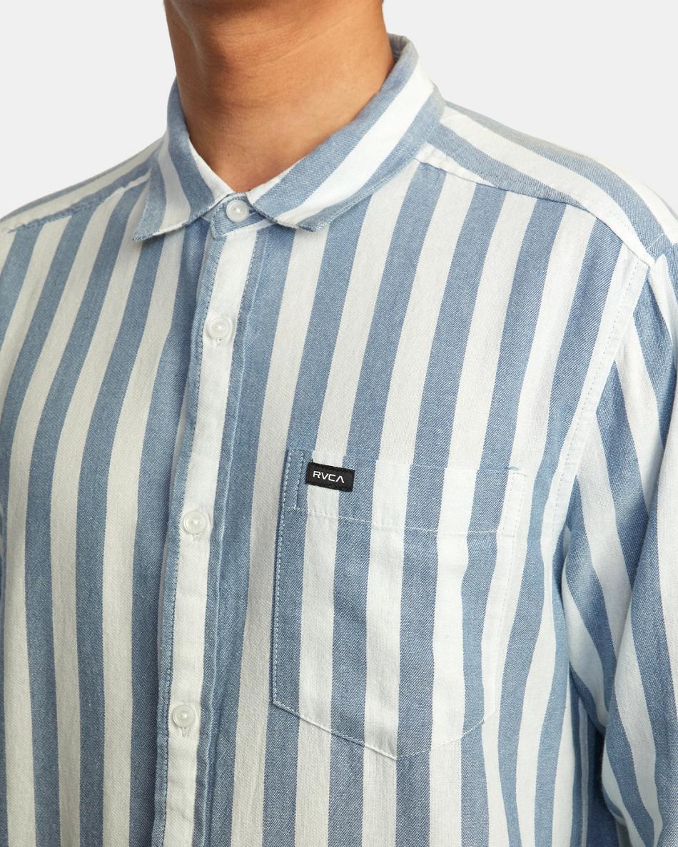 Denim Stripe Rvca Harbour Long Sleeve Men's T shirt | USJBT84195