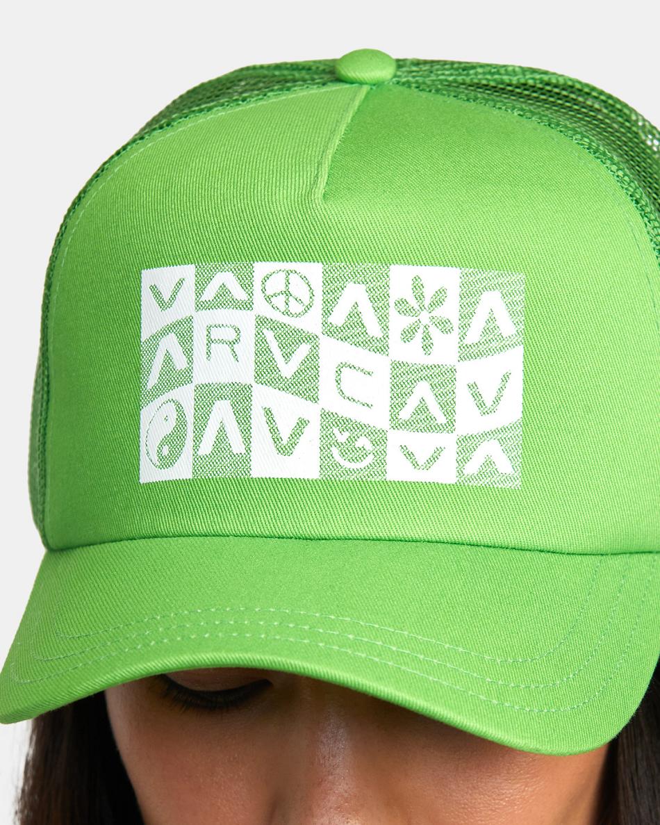 Green Rvca Checker Trucker Women's Hats | ZUSMJ55999