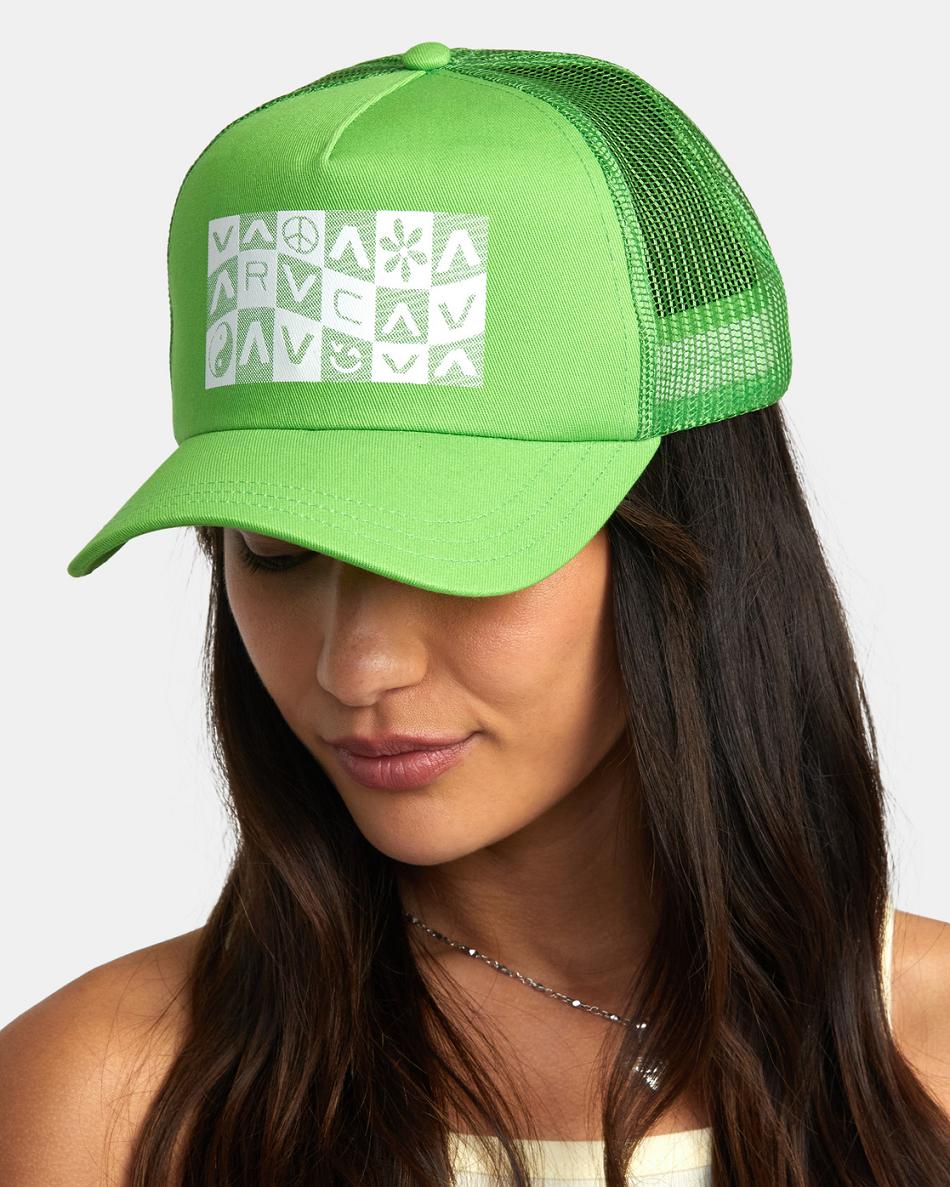 Green Rvca Checker Trucker Women's Hats | ZUSMJ55999