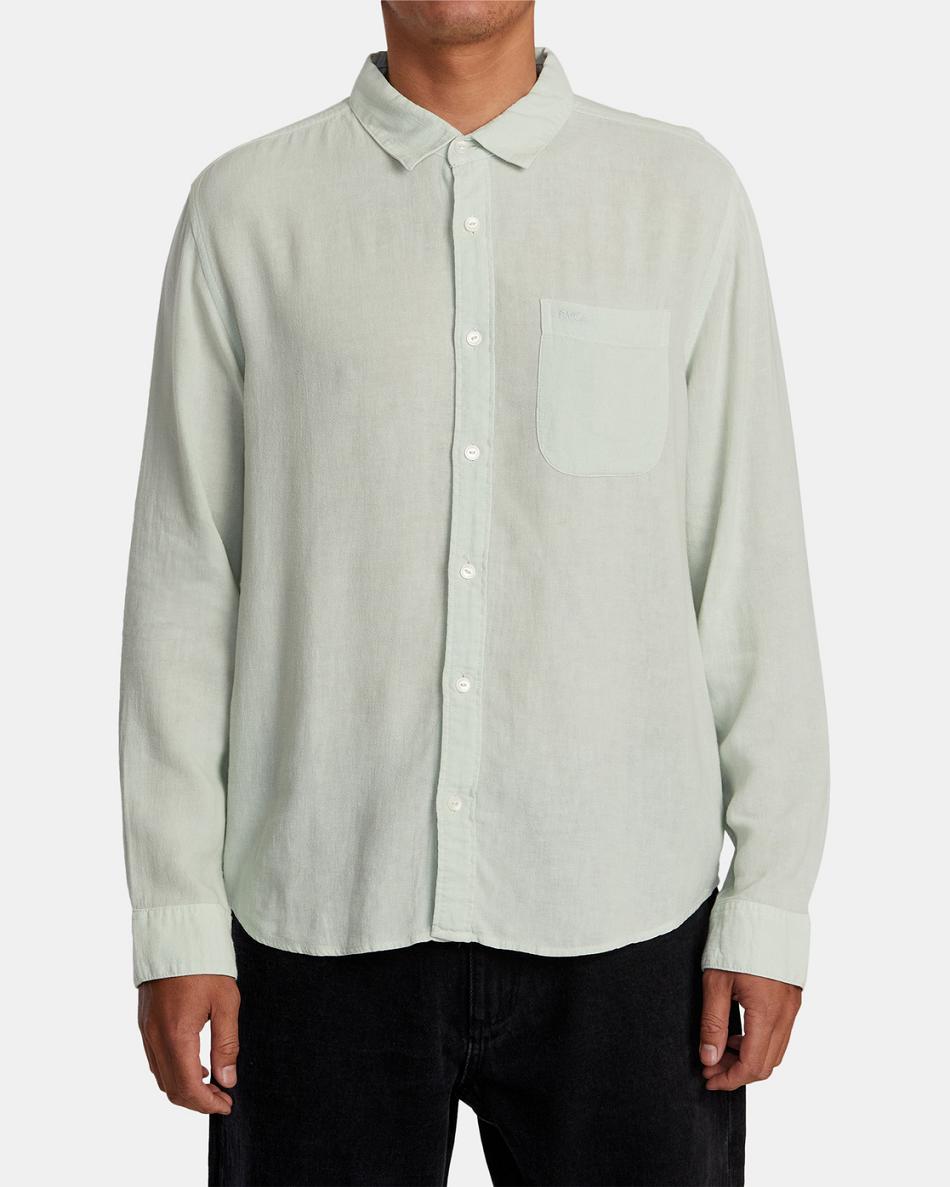 Green Tea Rvca PTC Woven Long Sleeve Men's T shirt | UUSND99340