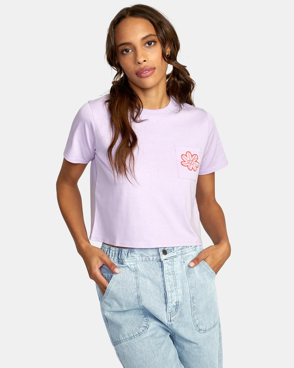Lavender Rvca Happy Daisy Pocket Women\'s T shirt | SUSNY76401