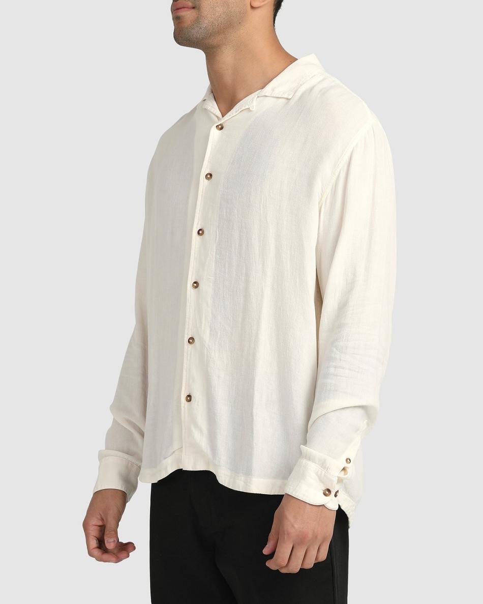 Natural Rvca Beat Long Sleeve Button-Down Men's T shirt | PUSER81022