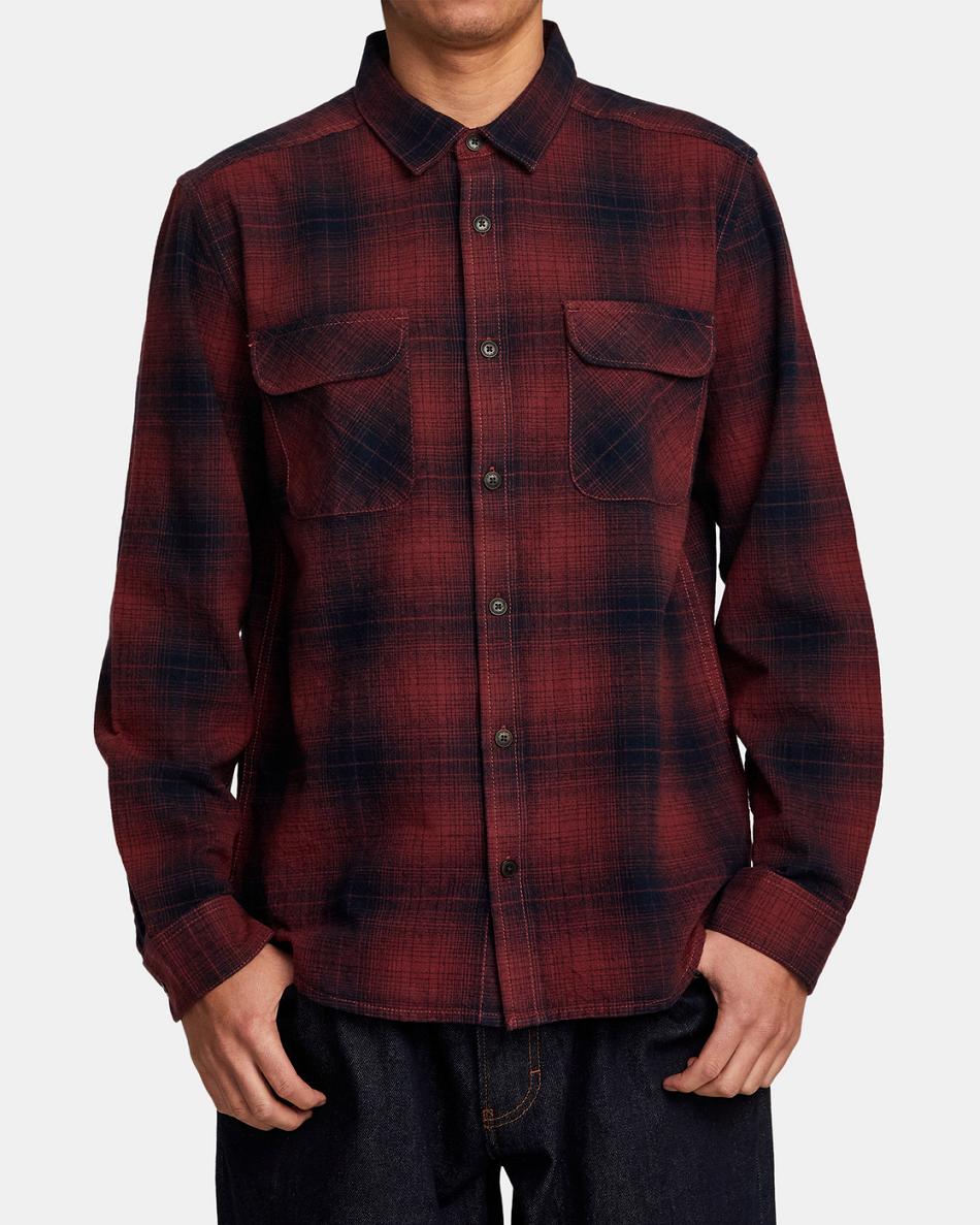 Oxblood Red Rvca Vesuvio Long Sleeve Flannel Men's T shirt | USQCS93903