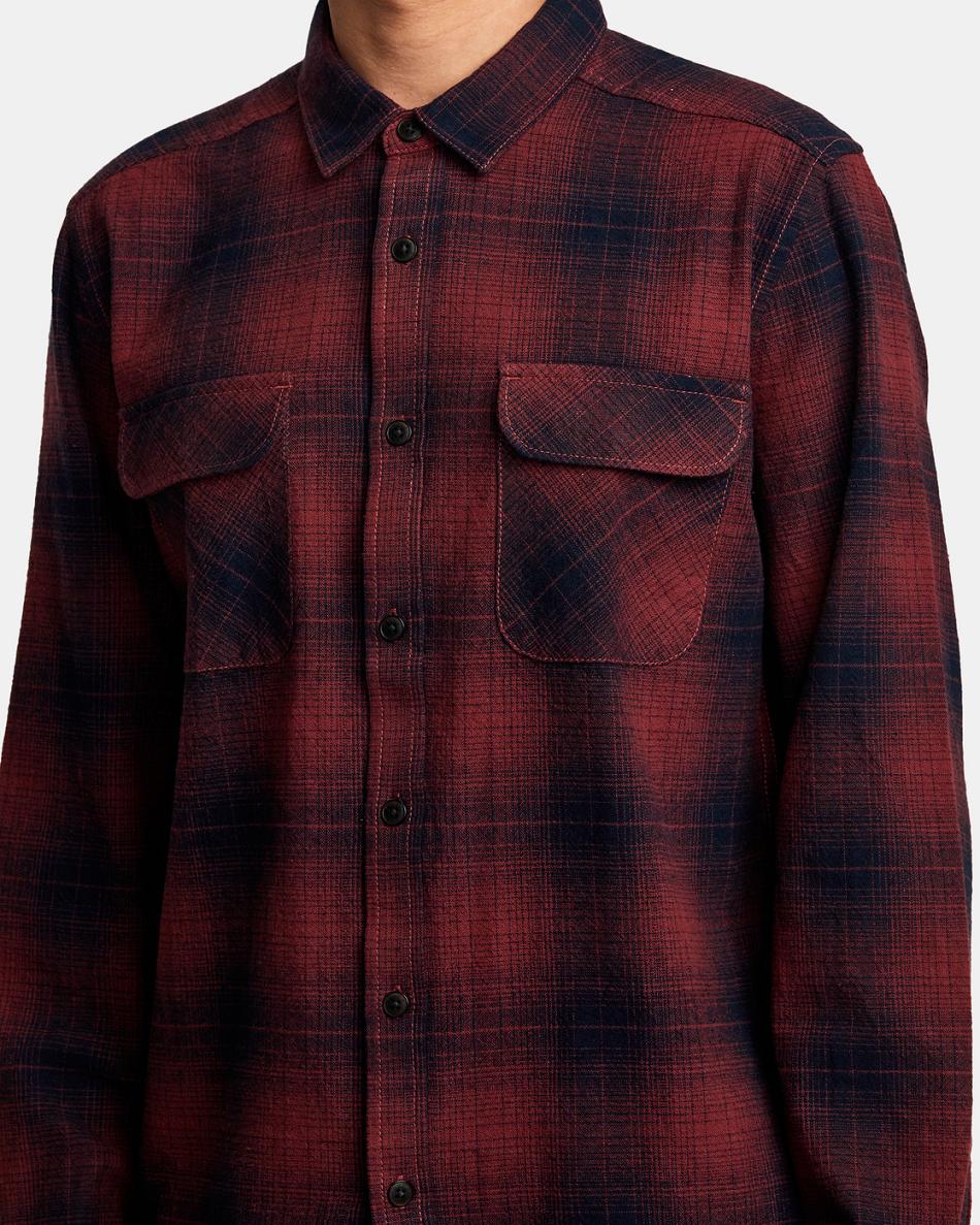 Oxblood Red Rvca Vesuvio Long Sleeve Flannel Men's T shirt | USQCS93903