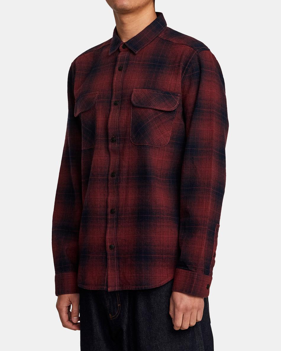 Oxblood Red Rvca Vesuvio Long Sleeve Flannel Men's T shirt | USQCS93903