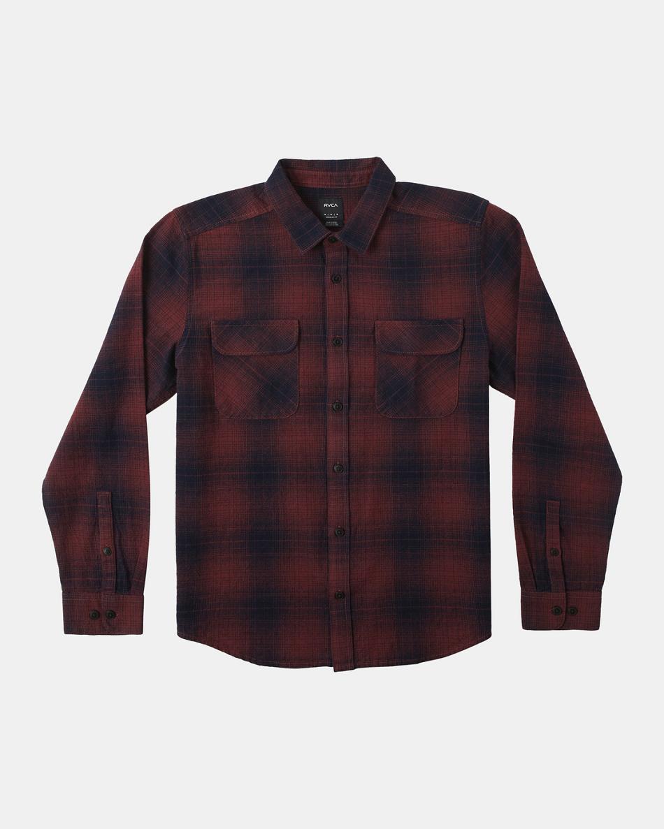 Oxblood Red Rvca Vesuvio Long Sleeve Flannel Men\'s T shirt | USQCS93903