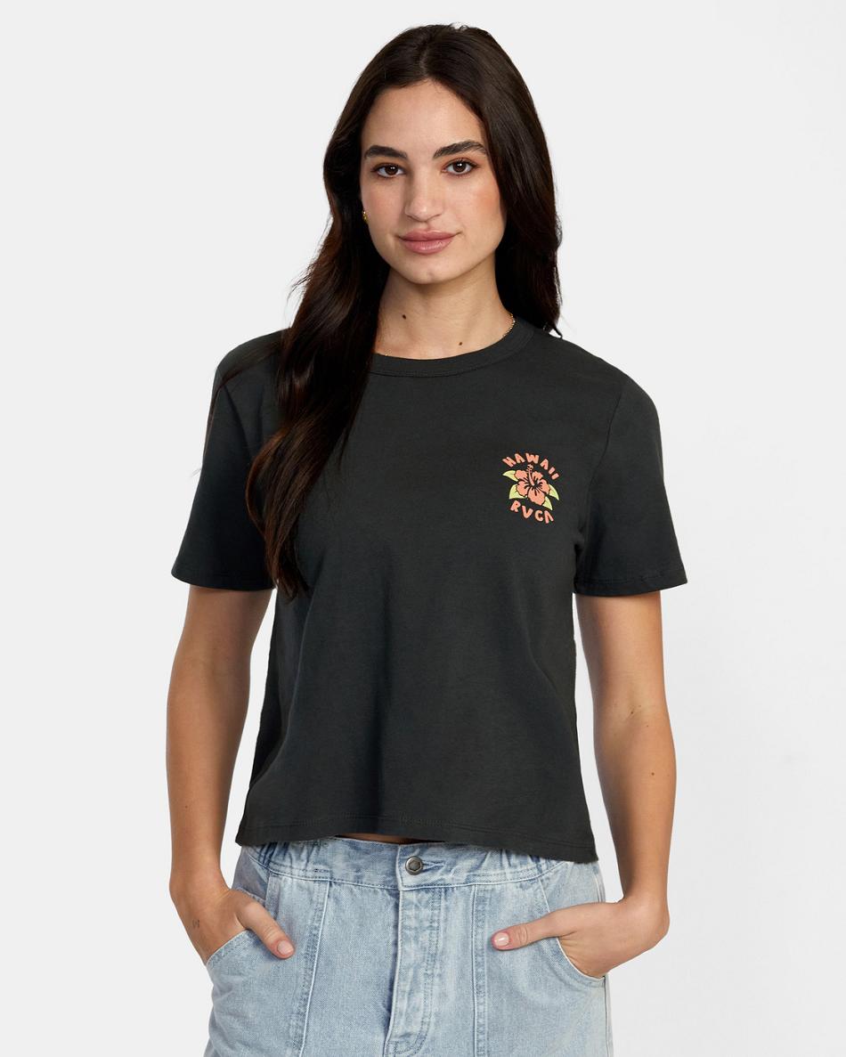 Pirate Black Rvca Hibiscus Hawaii Women\'s T shirt | USJKU14730