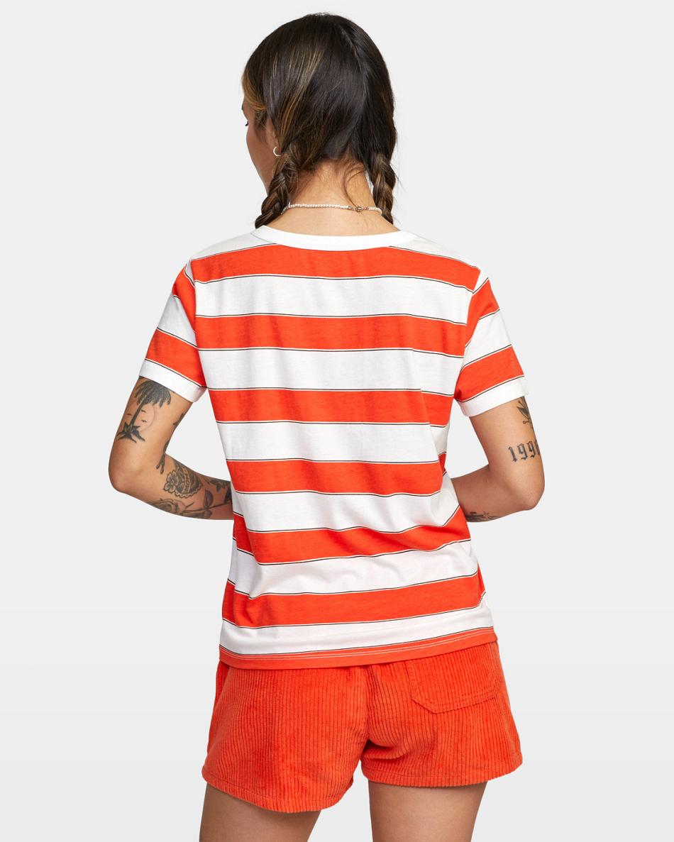 Red Orange Rvca Stripe Slim Fit Women's T shirt | USJZR30286