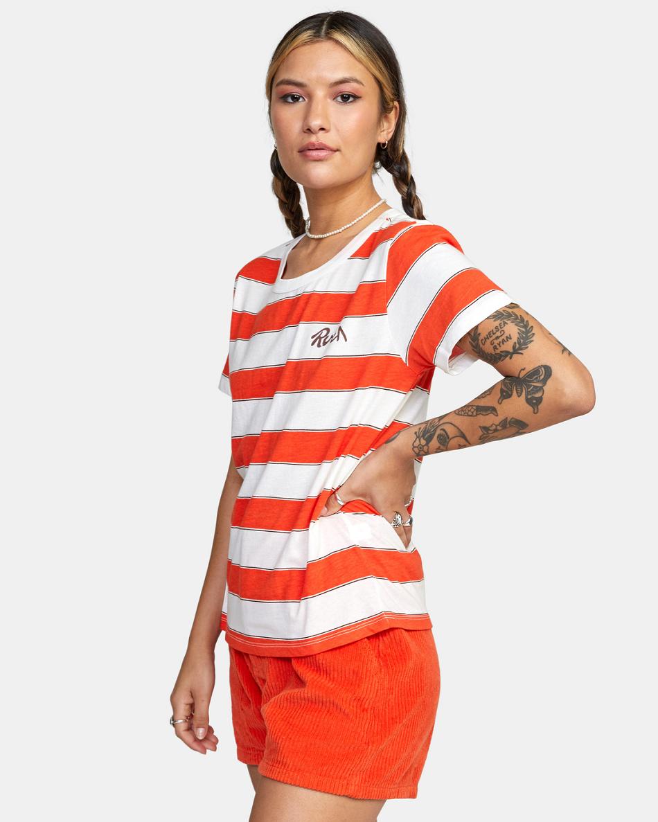 Red Orange Rvca Stripe Slim Fit Women's T shirt | USJZR30286