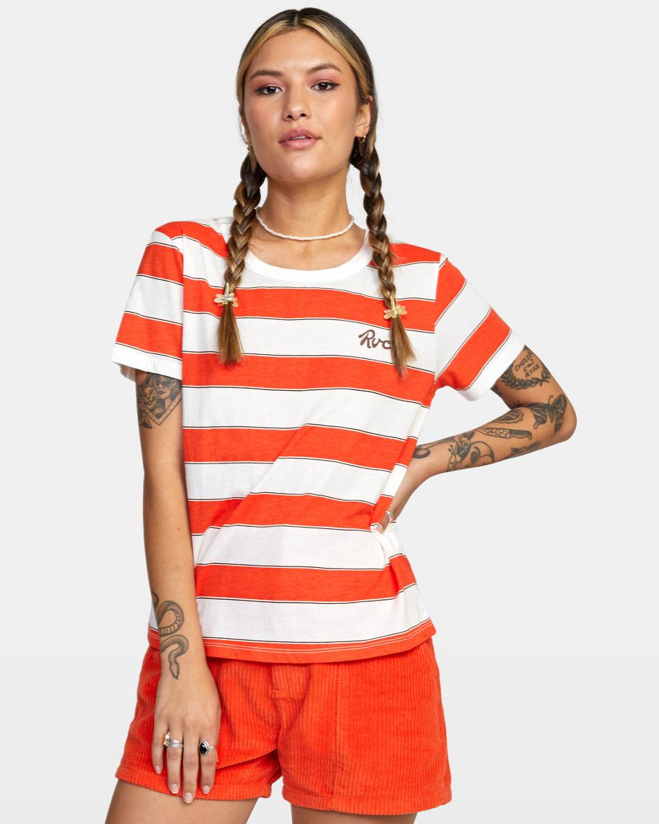Red Orange Rvca Stripe Slim Fit Women\'s T shirt | USJZR30286