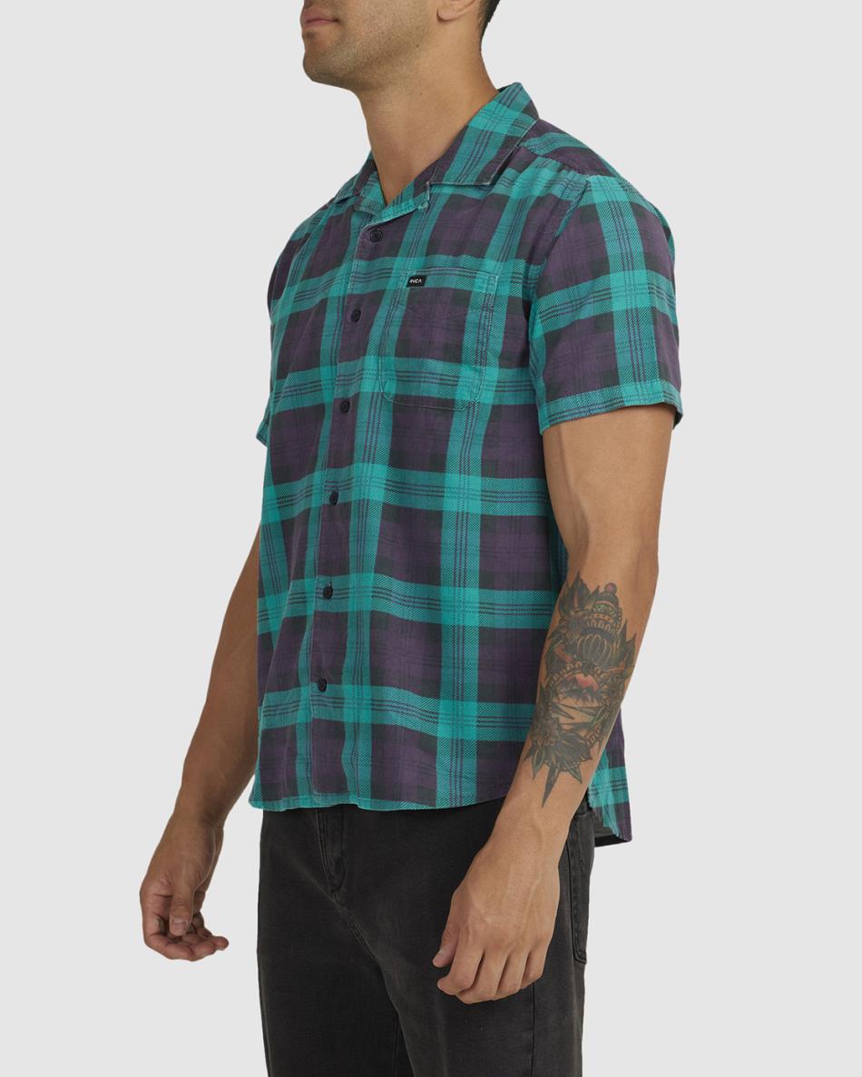 Teal Rvca Barbed Plaid Short Sleeve Men's T shirt | USJVR78333
