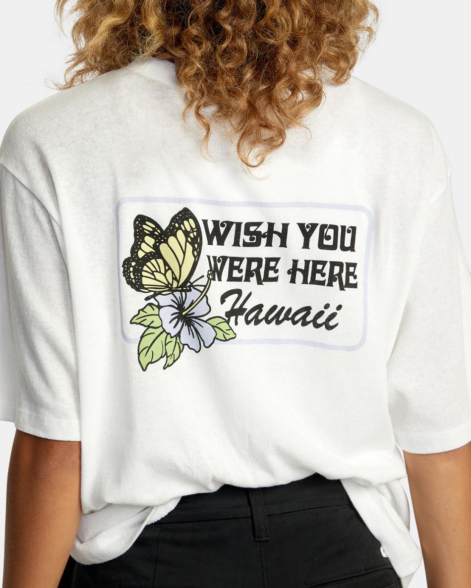 Vintage White Rvca Hawaii Wish You Were Here Graphic Women's T shirt | USJKU66064