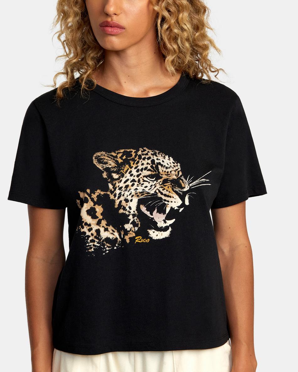 Washed Black Rvca Big Cat Boxy Women's T shirt | PUSQX62901
