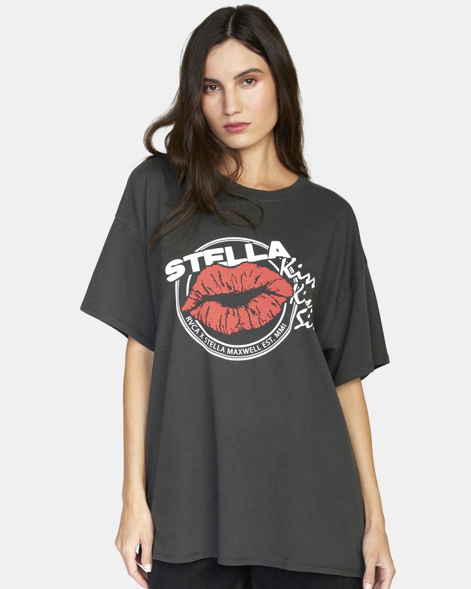 Washed Black Rvca Kiss Kiss Graphic Women's T shirt | XUSBH80590