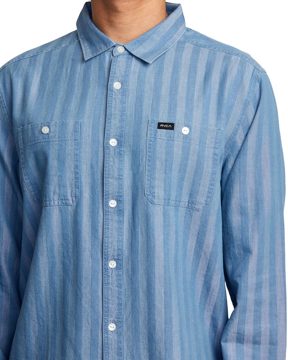 Washed Indigo Rvca Walker Stripe Long Sleeve Men's T shirt | XUSBH23290
