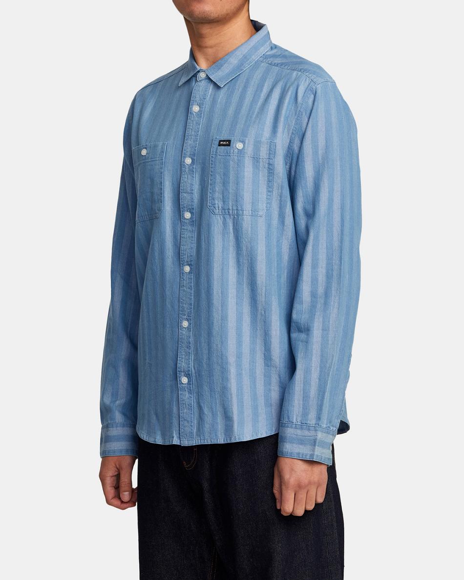 Washed Indigo Rvca Walker Stripe Long Sleeve Men's T shirt | XUSBH23290