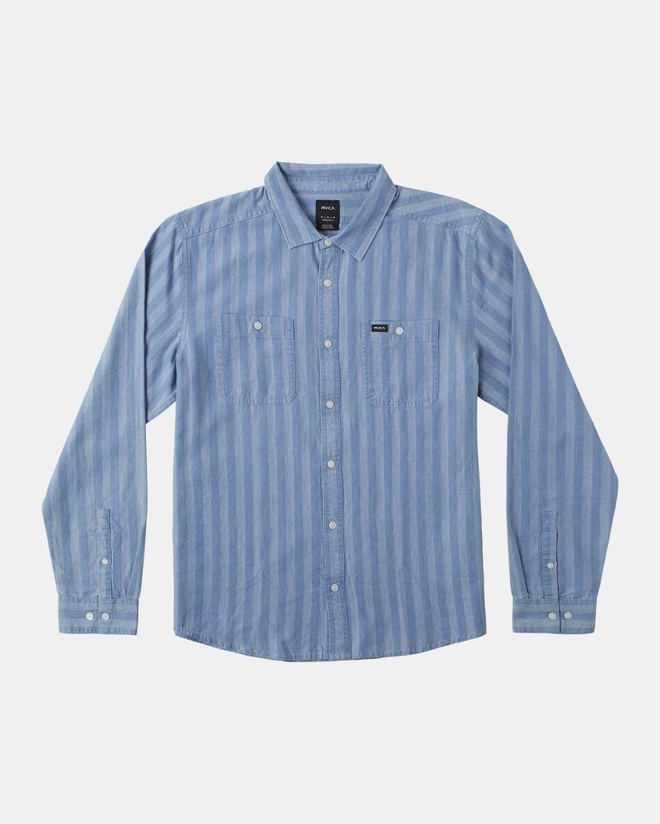 Washed Indigo Rvca Walker Stripe Long Sleeve Men\'s T shirt | XUSBH23290