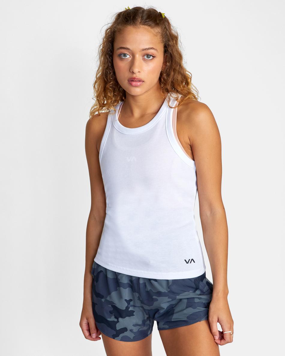 White Rvca VA Essential Ribbed Tank Top Women's T shirt | USJKU84533