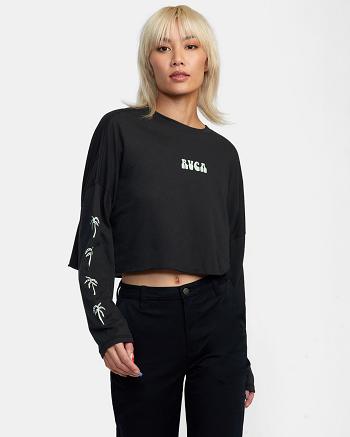 Black Rvca Palms Long Sleeve Women's T shirt | PUSER68659