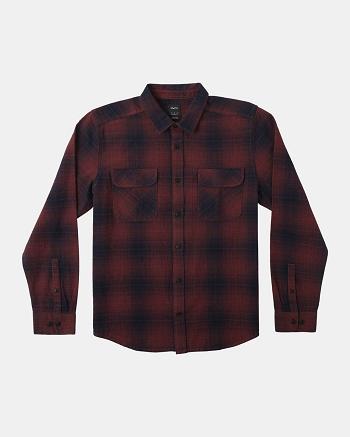 Oxblood Red Rvca Vesuvio Long Sleeve Flannel Men's T shirt | USQCS93903