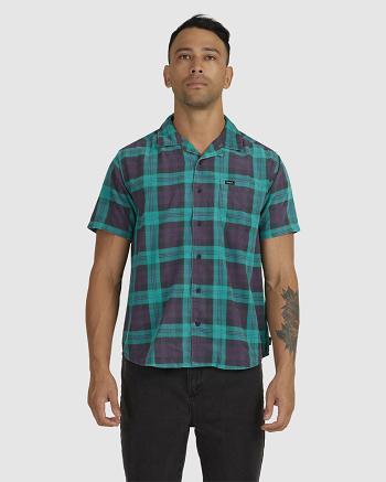 Teal Rvca Barbed Plaid Short Sleeve Men's T shirt | USJVR78333