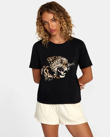 Washed Black Rvca Big Cat Boxy Women's T shirt | PUSQX62901